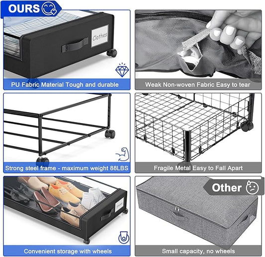 Beborxue Under Bed Storage with Wheels, 4-Pack UnderBed Storage Containers with Clear Lids, XXL 60L Under the Bed Storage Organizer Bins, Rolling Under Bed Metal Drawer for Clothes,Shoes,Toys (Black)