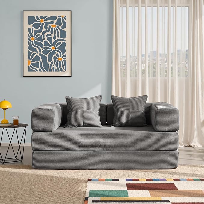 YINIX Foldable Sofa Bed, 62'' Folding Floor Couch, Compressed Convertable Sleeper Sofa, Memory Foam Couch with Pillow Back Support Armrest, 4-in-1 Futon Sofa Bed for Living Room, Light Gray