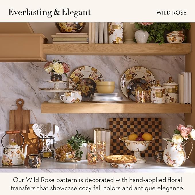 MACKENZIE-CHILDS Enamel Utensil Holder, Stylish Kitchen Countertop Organizer, Wild Rose White