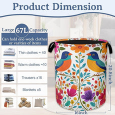 Bird Flower Laundry Basket,Oxford Cloth Mexico Laundry Hamper With Handle Foldable Portable Clothes Storage Basket for Laundry Room/Bedroom/Bathroom 20.8