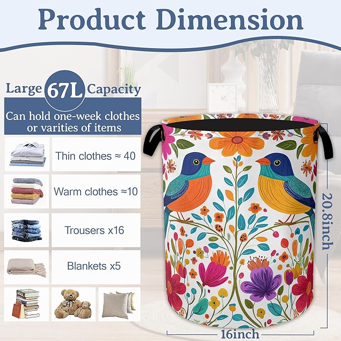 Bird Flower Laundry Basket,Oxford Cloth Mexico Laundry Hamper With Handle Foldable Portable Clothes Storage Basket for Laundry Room/Bedroom/Bathroom 20.8"x16"
