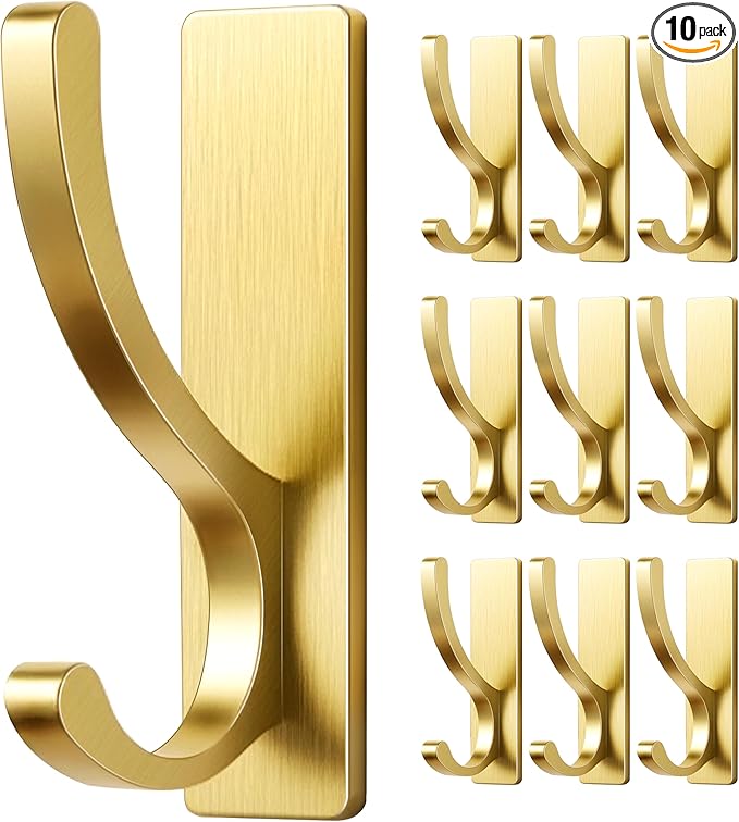 pickpiff 10-Pack Adhesive Wall Hooks for Towels - Sticky Hook Hanging Heavy Duty (13lb), Hanger for Door, Bathroom, Dorm, Closet - for Coats, Purse, Bag, Robe - No Damage to Wall - Brushed Gold