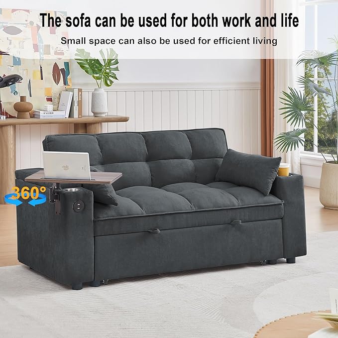 66" Multi-Functional Pull-Out Sofa Bed with Hidden Side Table, Storage Armrests, Built-in Charging Port, Spring Mattress, Solid Wood Frame – Ideal for Small Spaces, Easy Assembly