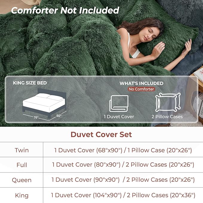 Sasttie 3-Piece Fluffy Duvet Cover King, Ultra Soft Faux Fur and Velvet Sage Comforter Cover, Luxury Fuzzy Bedding Sets for Winter Bed, Includes 1 Duvet Cover and 2 Pillowcases, No Comforter