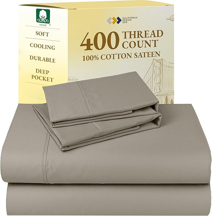 California Design Den Full Size Bed Sheets Set - Soft 400 Thread Count Sateen, Natural 100% Cotton Sheets with Deep Pockets, Breathable, and Durable Bedding Set - Taupe CaliforniaDesignDen