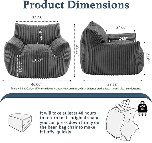 Giant Plush Bean Bag Chair for Adults with Armrests - Oversized Comfy Grey Beanbag Lounge Lazy Floor Sofa Accent Chair for Living Room, Bedroom & Dorm, Cozy Fluffy Single Cloud Mini Couch