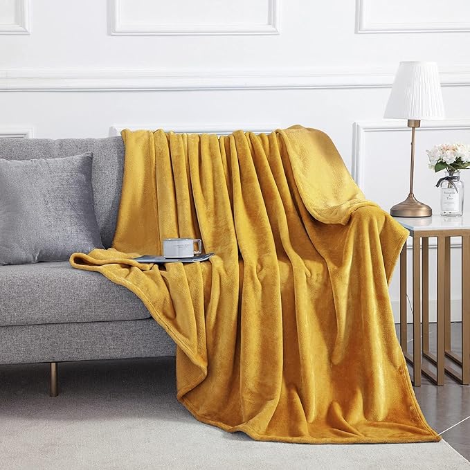 IR Imperial Rooms Fleece Blankets Queen Size 90x90 Inches - Super Soft Fluffy Throw Blanket for Sofa and Bed - Warm and Cozy Lightweight 400 GSM Microfiber Bed Throws Blankets (Queen, Mustard)
