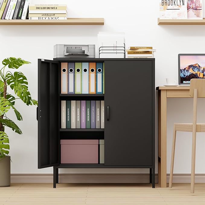 Bathroom Floor Storage Cabinet,40H Small Metal Cabinets for Storage with Doors,2 Door Black Towel Freestanding Cabinet for Small Spaces,Two Door Hallway Short Cabinets,Shallow Low Cupboard