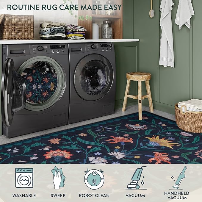 Lahome Boho Floral 2'6"x8' Washable Runners for Hallways, Kitchen Runner Rugs Non Skid Ultra-Thin, Soft Bathroom Rug Throw Carpet Runners for Bedroom Laundry Room (Dark Blue,2'6"x8ft)