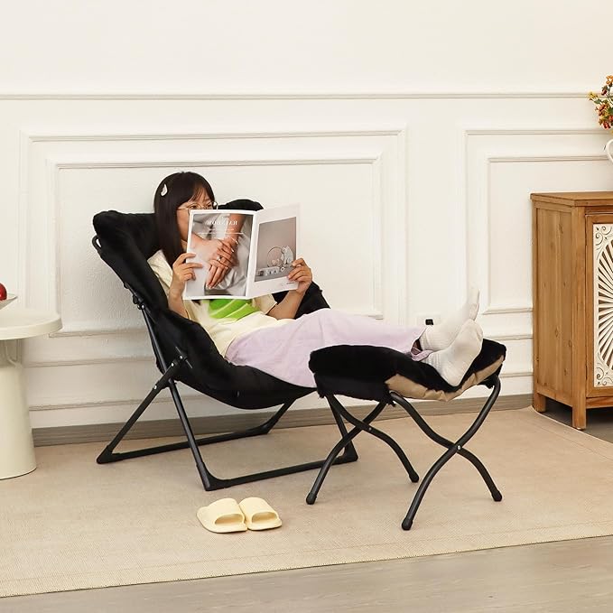 Comfy Saucer Chair for Adults, Soft Faux Fur Bedroom Chair, Accent Dorm Chairs, Flexible Living Room Reading Chairs, Oversized Folding Lounge Seat for Teens, X-Large, Black