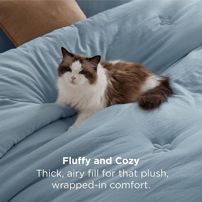 Bedsure Queen Comforter Set Mineral Blue, Soft Prewashed Queen Size Bedding, Quilted Comforter with Clover Design, Down Alternative Comforter for All Seasons, 3 Pieces Bed Set with 2 Pillow Shams