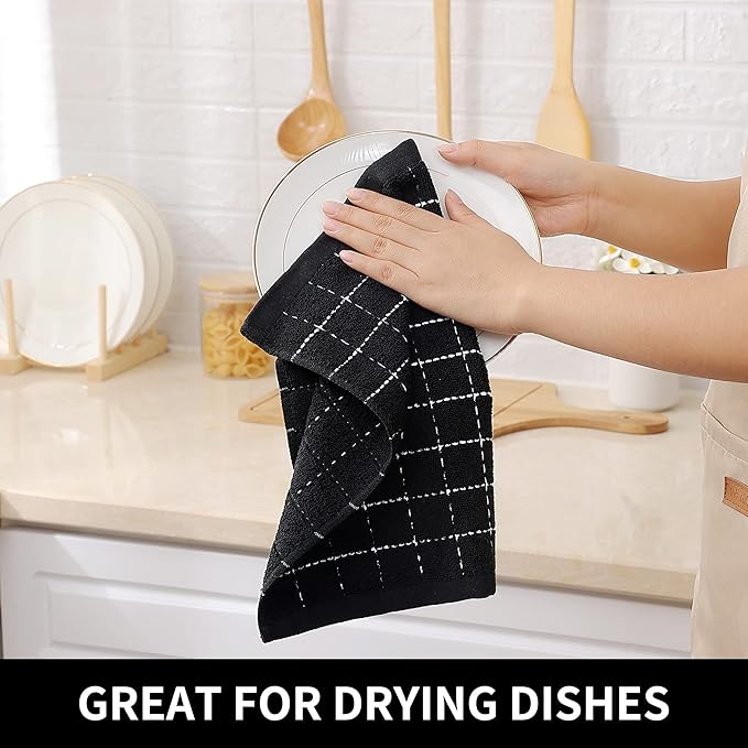 Homaxy 100% Cotton Terry Kitchen Towels(Black, 13 x 28 inches), Checkered Designed, Soft and Super Absorbent Dish Towels, 18 Pack