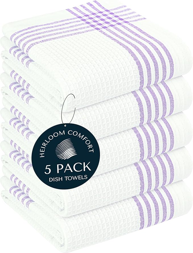 Lavender and White Kitchen Towels 5 Pack, 16x26 Inch, 100% Cotton Waffle Weave, Super Absorbent, Quick Dry, Soft & Durable Dish Towels for Drying, Cooking, Cleaning Tasks