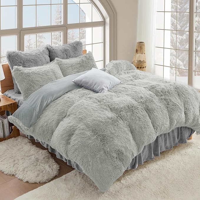 Sasttie 3-Piece Fluffy Duvet Cover Full, Ultra Soft Faux Fur and Velvet Light Grey Comforter Cover, Luxury Fuzzy Bedding Sets for Winter Bed, Includes 1 Duvet Cover and 2 Pillowcases, No Comforter