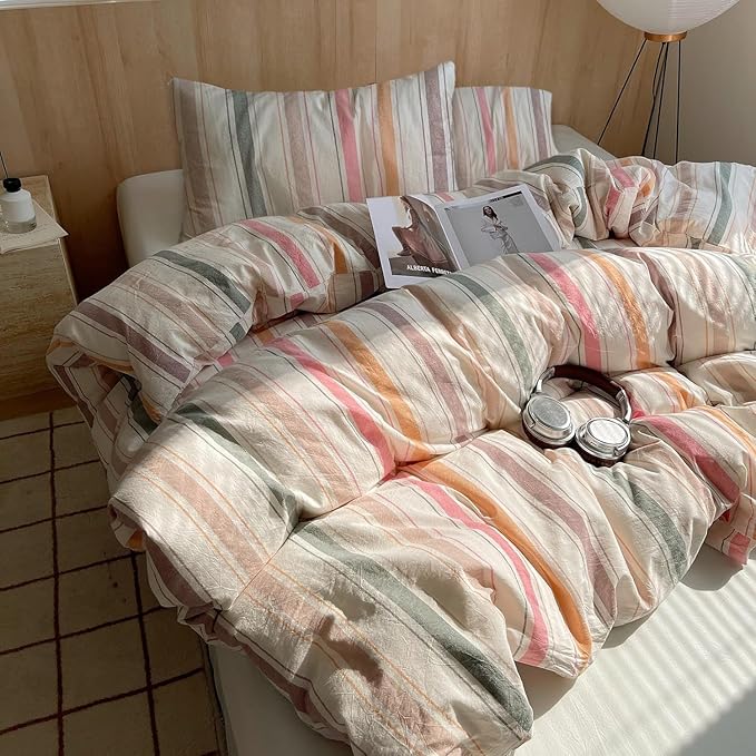 VM VOUGEMARKET Striped Duvet Cover Set Queen Washed Cotton Bedding Multicolor Stripes Duvet Cover with 2 Pillowcases for Girls Women(Orange/Pink/Green/Coffee)