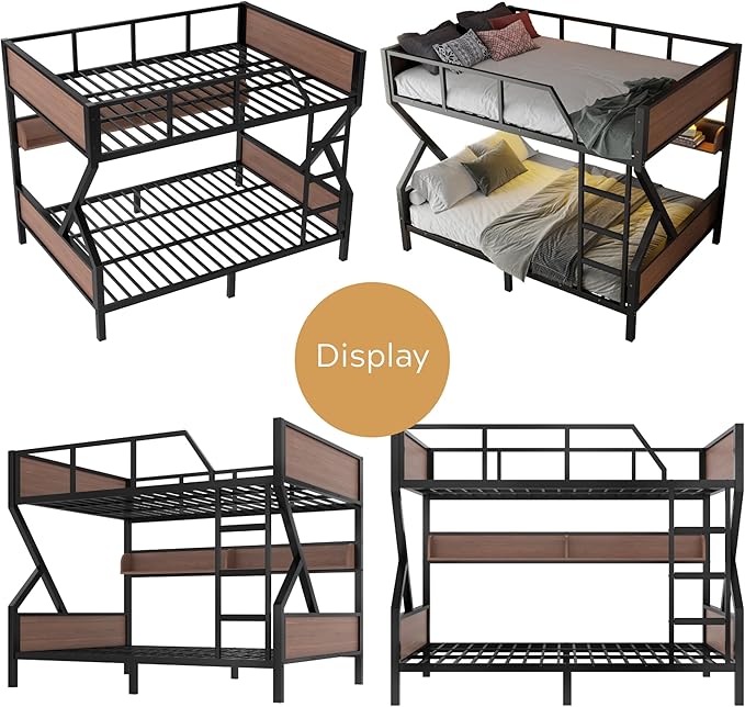 Queen over Queen Bunk Bed with Storage Shelves, Metal Bunk Beds with Ladders and LED Lights, Heavy-duty Bunkbed for Bedrooms, Guest Rooms and Dorms, No Box Spring Needed and Noise-free Design, Black