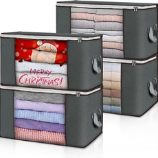 Large Storage Bags, 4 Pack Clothes Storage Bins Foldable Closet Organizers Storage Containers with Durable Handles Thick Fabric for Blanket Comforter Clothing Bedding 90 L (Gray)