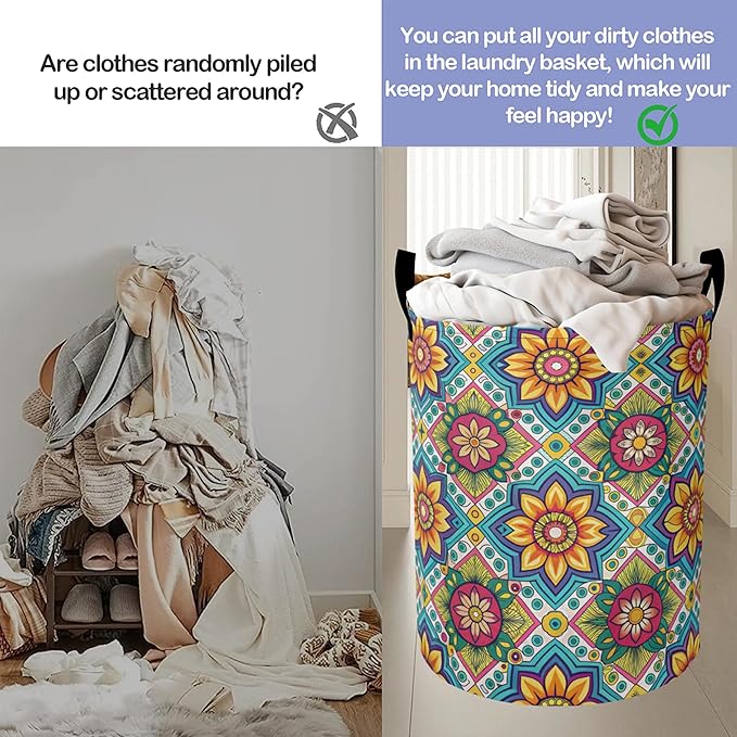 Laundry Basket,Retro Mandala Large Canvas Fabric Lightweight Storage Hamper Organizer Dirty Clothes Collapsible Waterproof for College Dorms,Bathroom