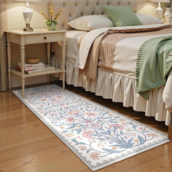 Lahome Boho Floral 2x6 Bathroom Runner Rugs Non Slip Washable, Grey/Beige Soft Runners for Hallways, Indoor Carpet Runner with Rubber Backing for Bedside Entryway Kitchen(Grey/Beige,2x6)