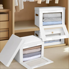 Large Clothing Storage Bins - Collapsible Boxes with Handles & Window, Decorative Organizer Bins with Lids, Fabric Containers for Living Room, Dorm, 4 Pack, White