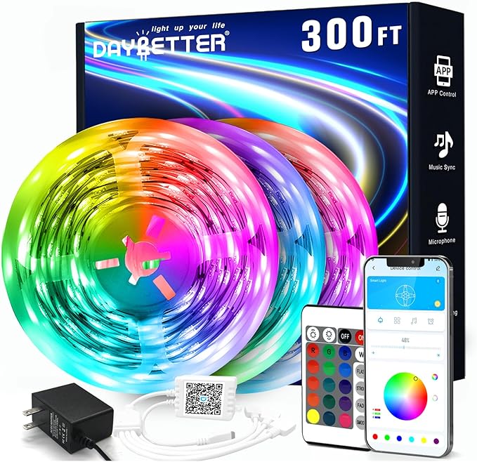 DAYBETTER Led Strip Lights 300 ft (3 Rolls of 100 ft) Color Changing Lights Strip for Bedroom, Desk, Indoor Room Bedroom Valentine Decor, with Remote and 24V Power Supply