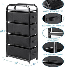 MAX Houser 4 Drawer Narrow Dresser Fabric Storage Tower Vertical Slim Storage Chest Organizer Nightstand Side/End Table Small Standing Organizer Removable Drawers Wood Top for Bedroom, Bathroom（Black)