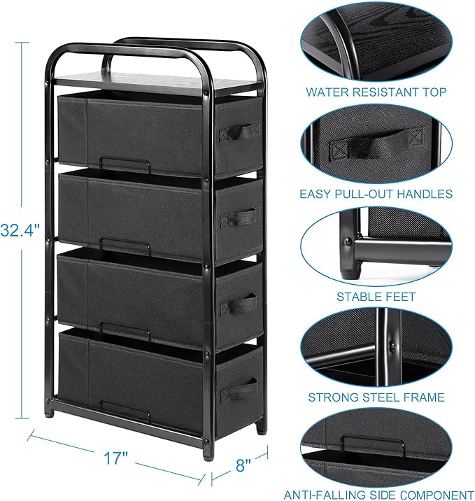 MAX Houser 4 Drawer Narrow Dresser Fabric Storage Tower Vertical Slim Storage Chest Organizer Nightstand Side/End Table Small Standing Organizer Removable Drawers Wood Top for Bedroom, Bathroom（Black)
