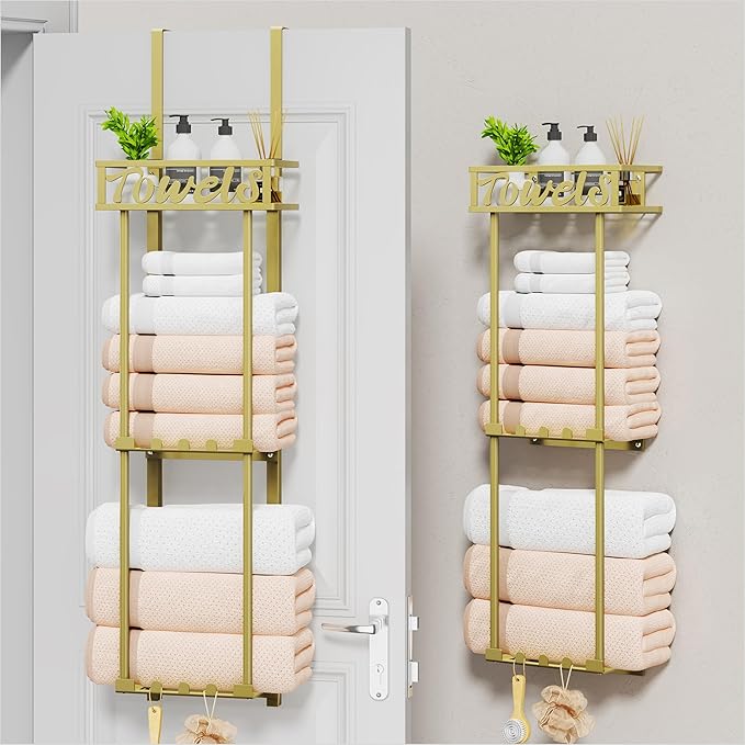 HapiRm Towel Rack Bathroom Storage - 3 Tier Over The Door & Wall Mounted Rolled Towel Racks Holder Organizer with Metal Shelf and 6 Hooks for Small Bathroom, Camper, Rv - Black