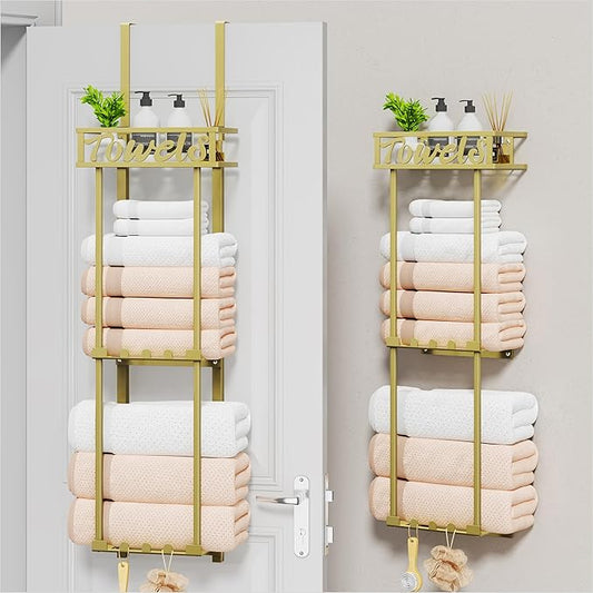 HapiRm Towel Rack Bathroom Storage - 3 Tier Over The Door & Wall Mounted Rolled Towel Racks Holder Organizer with Metal Shelf and 6 Hooks for Small Bathroom, Camper, Rv - Black