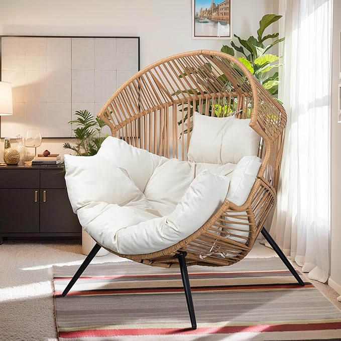 Vongrasig Comfy Wicker Egg Chair, Soft Thick Cushion Rattan Lounge Chair, High Capacity Steel Frame, Reading Chair for Living Room, Bedroom, Dorm Rooms (Beige)