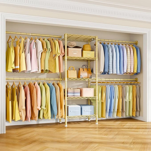 Ulif M2 Wall-Mounted Clothes Rack, Metal Closet System with 4 Expandable Hanger Rods and 5 Metal Shelves, Mount-on-Wall Clothing Storage Organizer in (70.8-102.3)" L x 14.5" D x 71.2" H, Gold