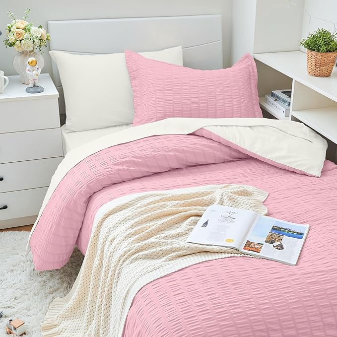 HYMOKEGE Pink/Ivory Twin XL Comforter Set Seersucker 5 Pieces, All Season Luxury Bed in a Bag for Bedroom, Bedding Set with Comforter, Sheets, Pillowcase & Sham
