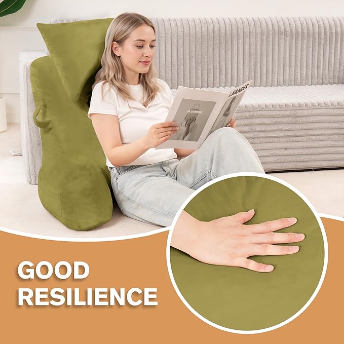 Portable Reading Pillows with Headrest for Bed Sitting Up(Pale Green Oeko-Tex), Velvet Back Pillow with Arms & Pockets for Adults, Support Memory Foam Bed Pillow for Dorm/Watching/Gaming