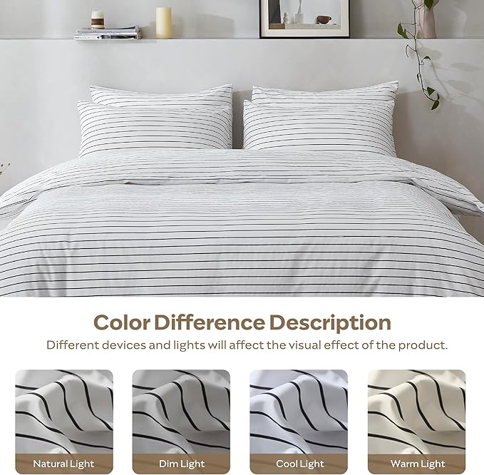 JELLYMONI 100% Natural Cotton 3pcs Striped Duvet Cover Sets, White Duvet Cover with Thin Black Stripes Pattern Printed Comforter Cover, with Zipper Closure & Corner Ties(Full Size)