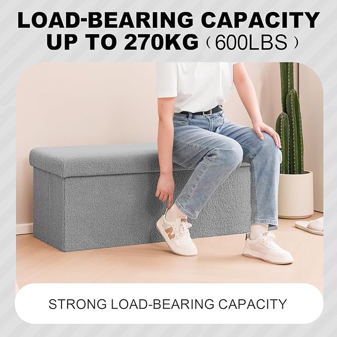 PINPLUS Storage Ottoman Bench Sherpa Foot Rest, Foldable Boucle Ottomans, Large Faux Teddy Fur Ottoman Storage Box Entryway Bench for Dorm, Grey 43.3'' x 15'' x 15''