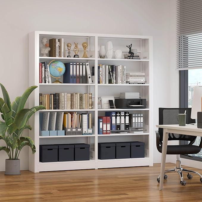 White Bookshelf, 5-Tier Bookshelf with Adjustable Storage Shelves, Freestanding Bookcases and Bookshelves, Wide Bookshelf for Home Office, Living Room, Bed Room, Including Book Stopper (White)