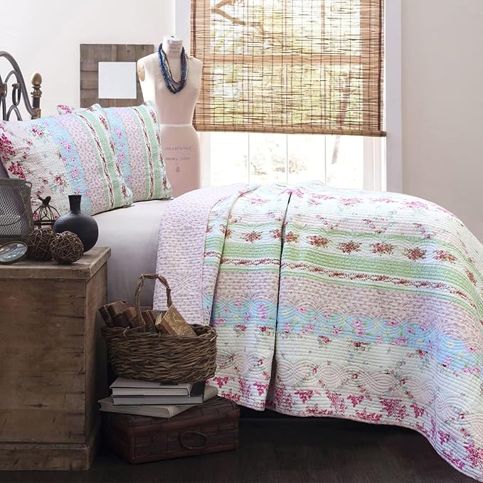 Cozy Line Home Fashions 100% Cotton Real Patchwork Pink Floral Cottage Shabby Chic Reversible Quilt Bedding Set, Bedspread, Coverlet (Wild Rose, Queen - 3 Piece)