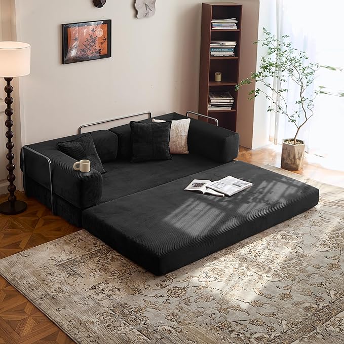 78.8" Convertible Sofa Bed - Compression Sofa with Corduroy Fabric - with Armrests and Backrest - Modular Sectional for Living Room, Bedroom, Studio - Compression Sofa in Box (Black)