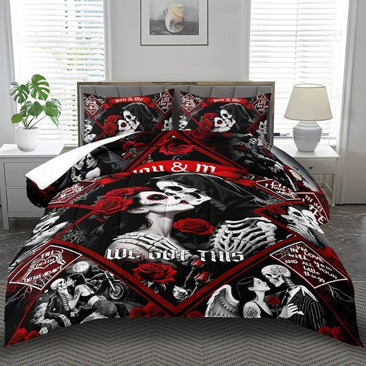 Red Skull Comforter Set Full Size Women Men Black Goth Bedding Set GirlsGothic Full Size Comforter Couple Red Rose Couple Bedding Boho Skull Quilt Bedroom Decor
