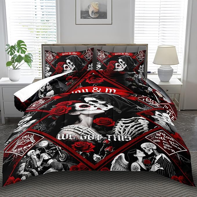 Red Skull Comforter Set Queen Size Women Men Black Goth Bedding Set Girls Gothic Queen Size Comforter Couple Red Rose Couple Bedding Boho Skull Quilt Bedroom Decor