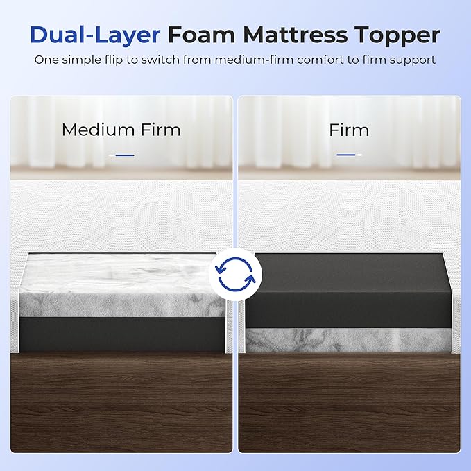 Cooling Mattress Topper Queen Size 4 Inch, Cooling Gel & Bamboo Charcoal Memory Foam Mattress Topper for Back Pain Relief, Firm Dual-Layer Foam Bed Pad with Removable Cover