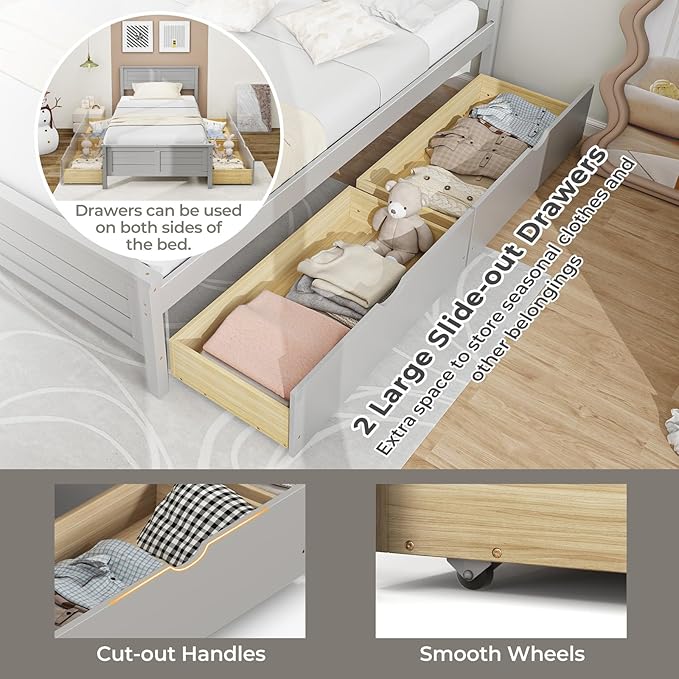 Giantex Wood Twin Bed with 2 Storage Drawers, Solid Wood Platform Bed with Headboard, Wooden Slats Support Mattress Foundation, No Spring Needed, Twin Bed Frame for Kids, Teens, Adults, Grey