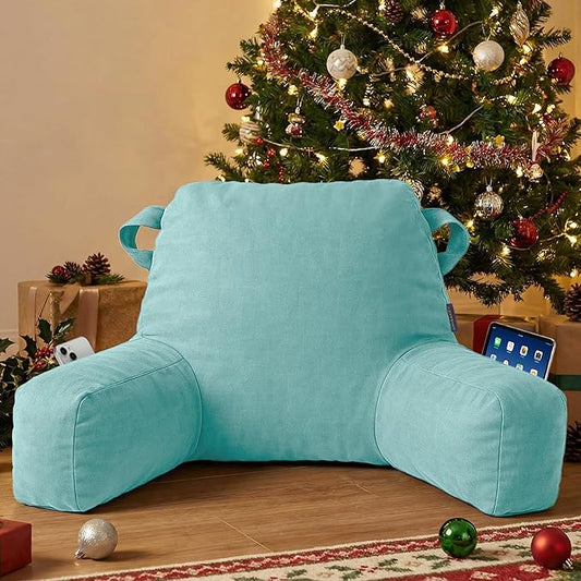 Portable Comfy Reading Pillows for Bed Sitting Up(Lake Blue Oeko-Tex), Velvet Back Pillow with Arms & Pockets for Adults, Support Memory Foam Bed Pillow for Dorm/Reading/Watching/Gaming