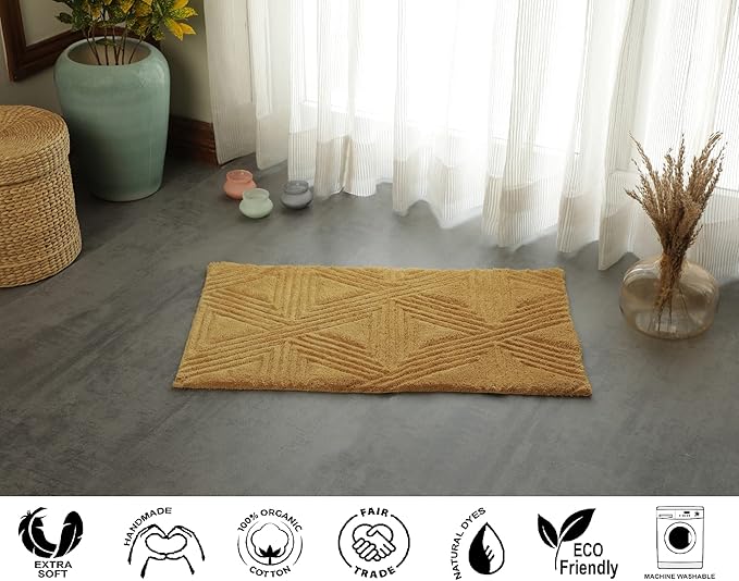 SHIKARA Organic Luxurious Organic Cotton Bath Rug, 32x20 Inch, Anti-Slip, Machine-Washable Bathmat Perfect for Tub & Shower, Toilet Floors, Door Rug Bath Mat (Yellow Ochre)