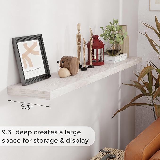 Fun Memories 55 Inch Floating Shelves for Wall, 55x9.3 Large Floating Shelf for Bedroom, Kitchen, Bathroom, Wall Mounted Rustic Wood Shelves with Invisible Bracket for Books, Decor, Brich