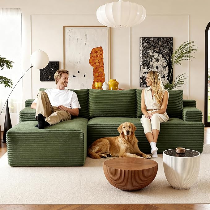 96''Sectional Couches for Living Room,Modern Modular Sectional Sofa,Upholstered Boneless Couch with Pockets,Comfy Cloud Couch with L Shaped Chaise (Green, 96''W Left Facing Chaise)