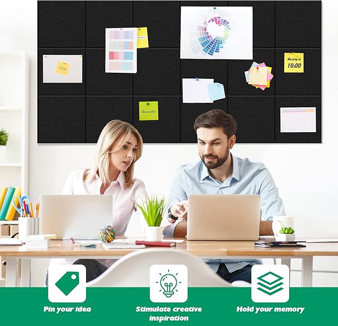 Large Cork Board Alternative - 11.8"x11.8"x0.35" 12 Pack Felt Wall Tiles Self-Adhesive Safe Removable Large Corkboard Bulletin Board Felt Cork Board for Walls Cork Board for Office 48 x 36-Black
