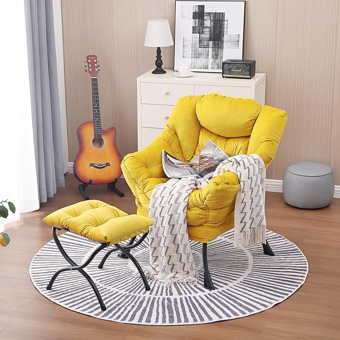 Lazy Chair and Ottoman, Large Accent Lounge Chair with Armrests and a Side Pocket, Modern Leisure Upholstered Sofa Reading Armchair with Footrest for Bedroom, Living Room, Dorm Rooms, Office