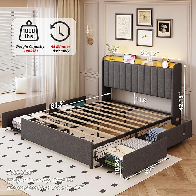 Full Bed Frame with 4 Drawers and Storage Headboard, Upholstered Platform Bed Frame Full Size with Led Lights and Handy Charging Station, No Box Spring Needed, Easy Assembly, Noise Free, Gray