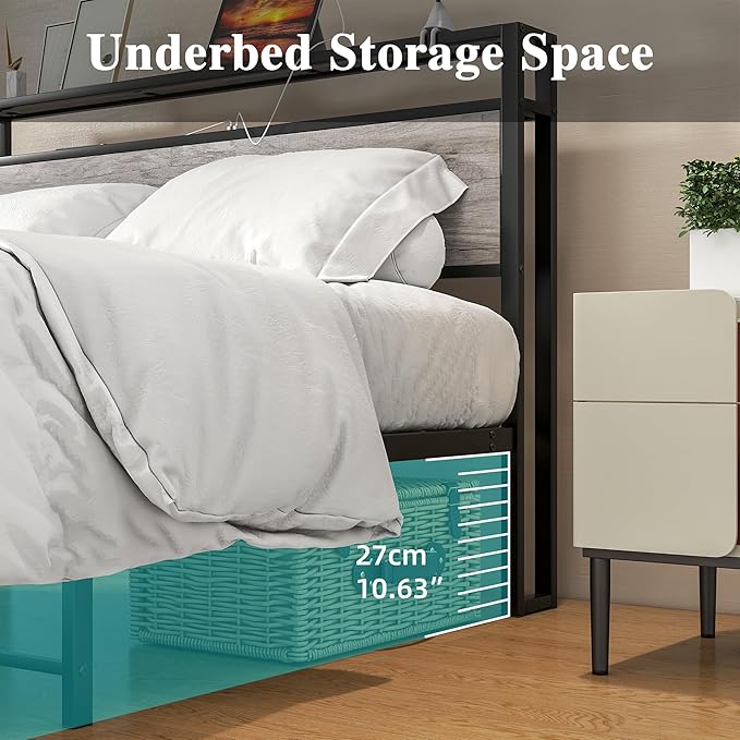 HOJINLINERO Full Size Bed Frame with Storage Headboard/USB Charging Station,Metal Platform Bed Frame Full Size No Box Spring Needed,Noise-Free,Strong Steel Slats Support,Warm Grey